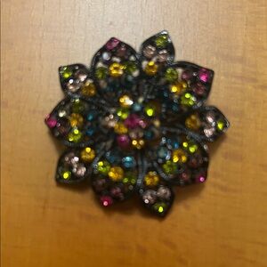 Mardi Gras Multicolor Crystal Black Silver Tome Flower Brooch